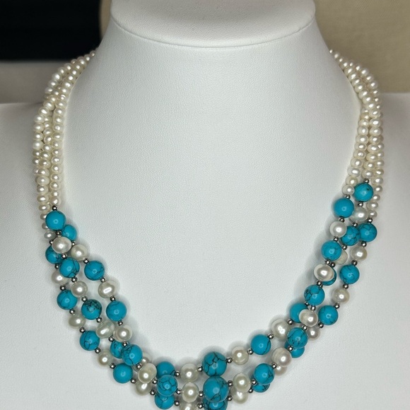 Danbury Mint Freshwater Pearl & Dyed Howlite 3-Strand Necklace 925 Clasp - Picture 9 of 16